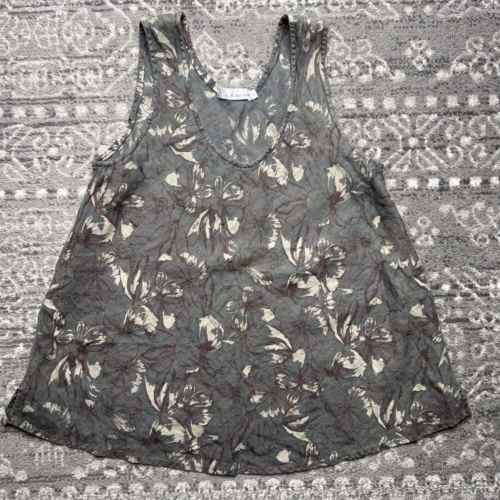 Cut Loose Linen Tank Top Shirt Women's Medium Gray Floral Lagenlook Sleeveless
